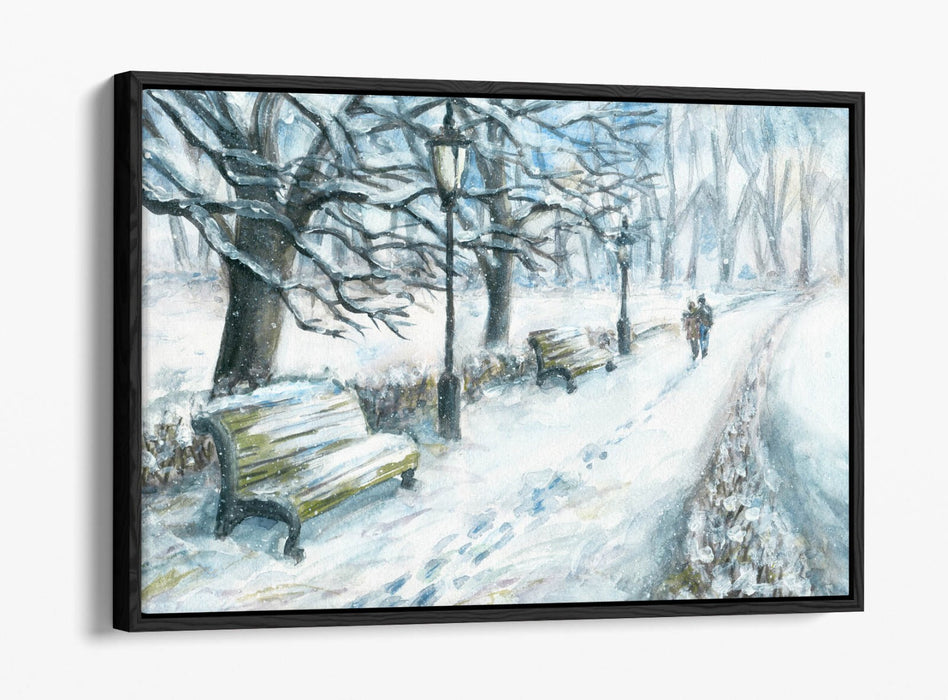 COUPLE WALKING IN SNOWY PARK WINTER FLOAT EFFECT CANVAS WALL ART PRINT