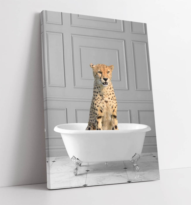 CHEETAH IN BATHTUB -QUIRKY CANVAS WALL ART PRINT ARTWORK ANIMAL FRAMED BATHROOM
