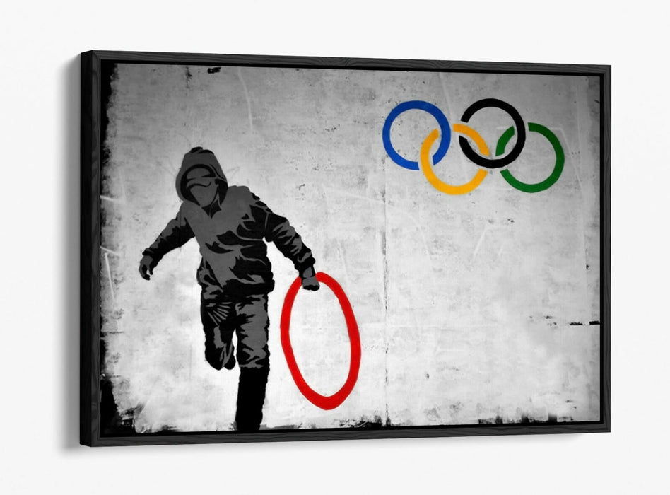 BANKSY OLYMPIC RINGS -FLOAT EFFECT CANVAS WALL ART PIC PRINT- RED YELLOW BLUE