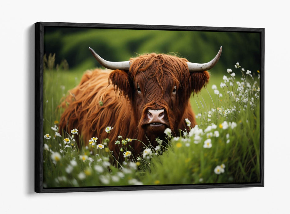 HIGHLAND COW FLOWER FIELD HOME DECOR DIGITAL FLOAT EFFECT CANVAS ART PIC PRINT