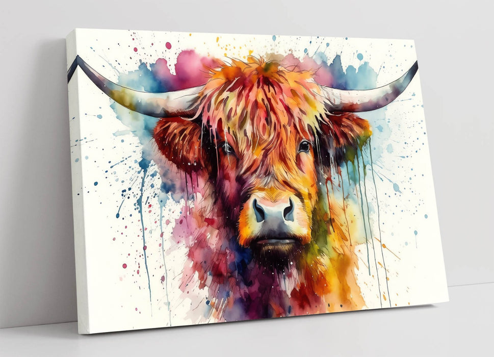 WATERCOLOUR SPLASH ART STYLE HIGHLAND COW CANVAS WALL ARTWORK PIC PRINT