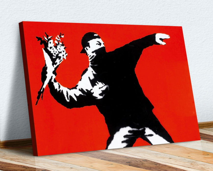 BANKSY LOVE IS IN THE AIR FLOWER CANVAS WALL ART PRINT ARTWORK GRAFFITI RED