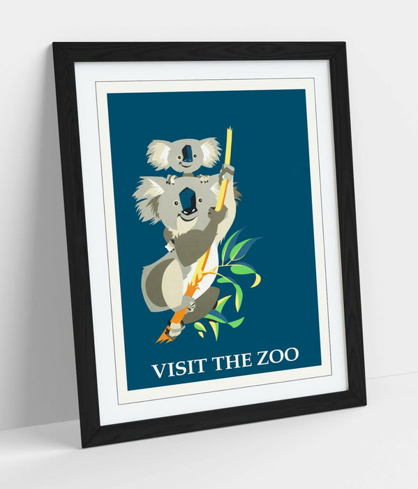 VINTAGE RETRO VISIT THE ZOO KOALA POSTER -FRAMED WALL ART PICTURE PRINT