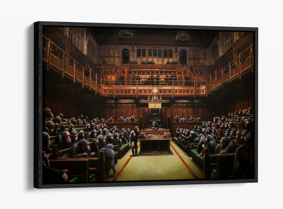 BANKSY, MONKEY PARLIAMENT BROWN SEPIA TONES -FLOAT EFFECT CANVAS WALL ART PRINT