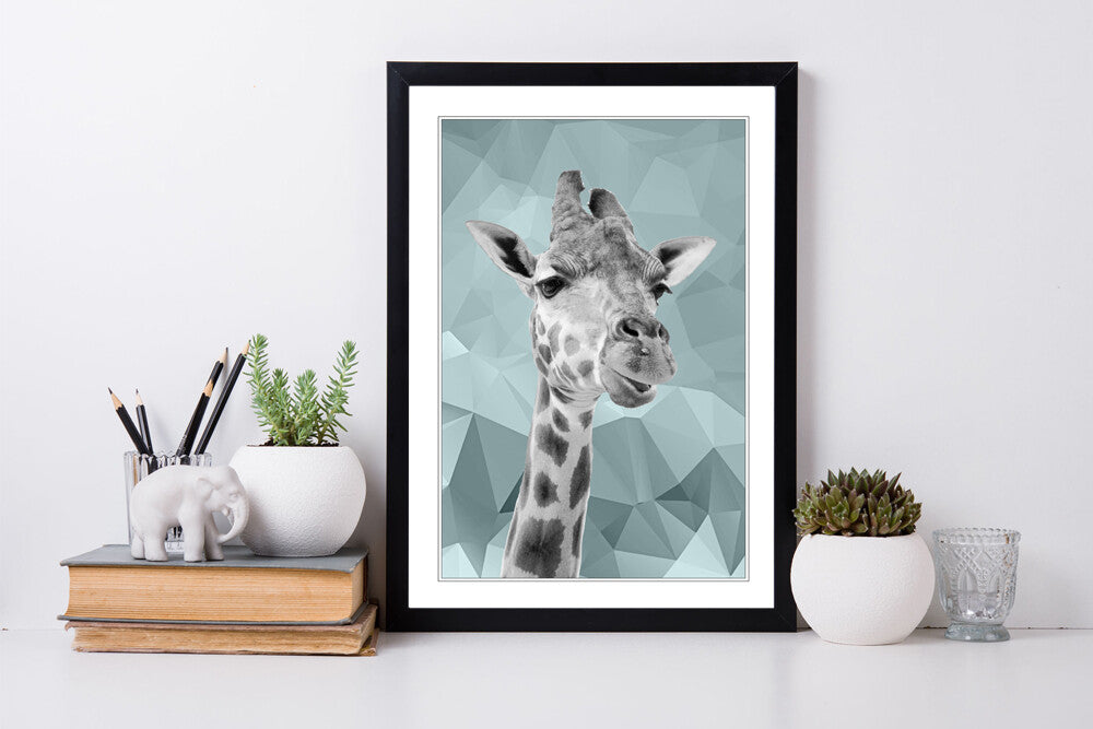 GIRAFFE BLACK AND WHITE DUCK EGG BLUE GEO FRAMED POSTER WALL ART PRINT ARTWORK
