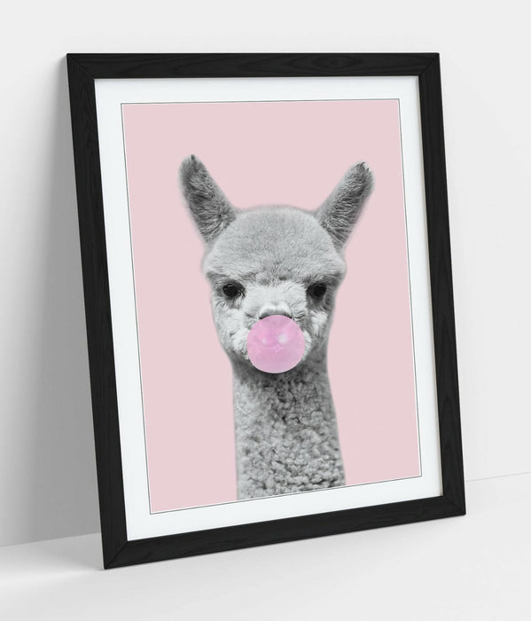 ALPACA BLACK WHITE BABY PINK BUBBLEGUM -FRAMED ART POSTER PICTURE PRINT ARTWORK