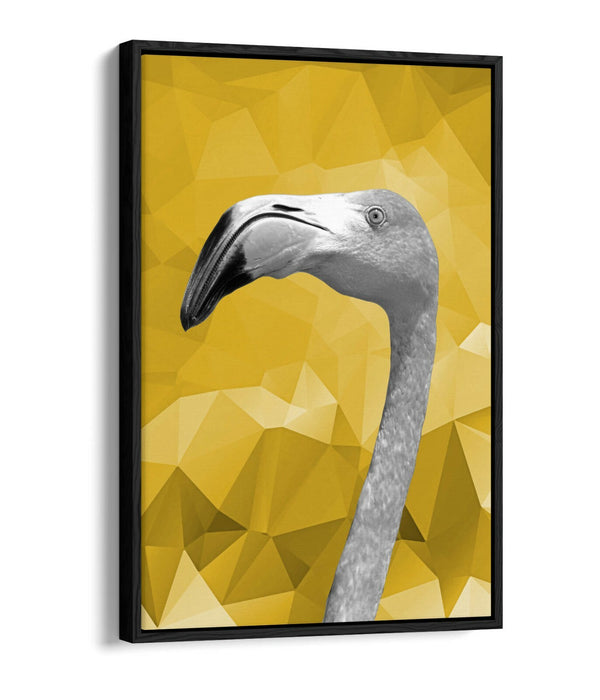 MUSTARD GEO FLAMINGO -FLOAT EFFECT CANVAS WALL ART PIC PRINT- BLACK & WHITE