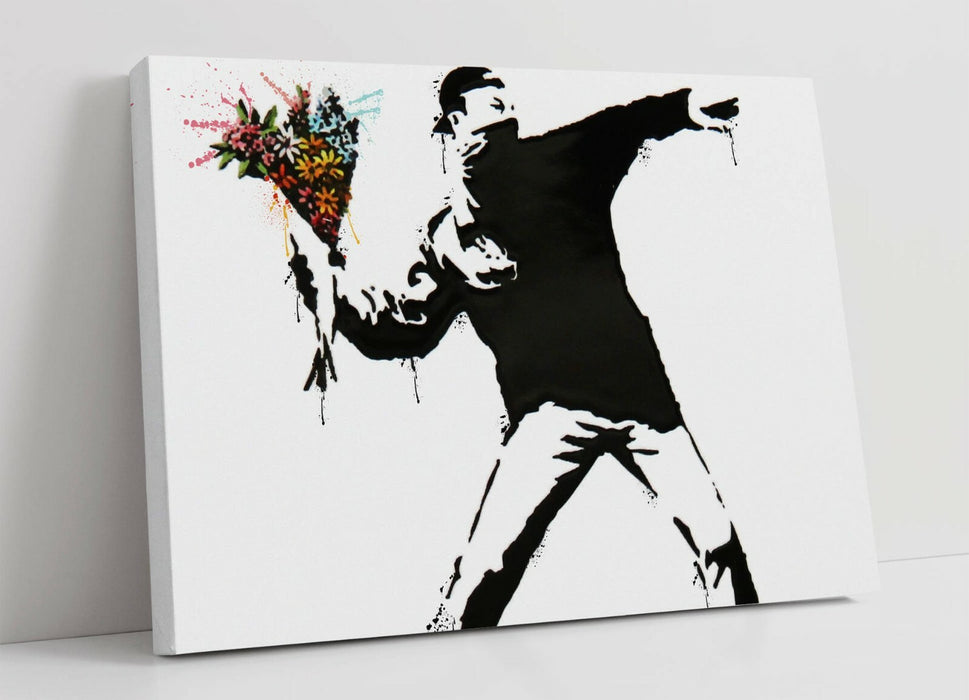 BANKSY, FLOWER BOMBER SPLASH ART -CANVAS WALL ART PRINT ARTWORK FRAMED