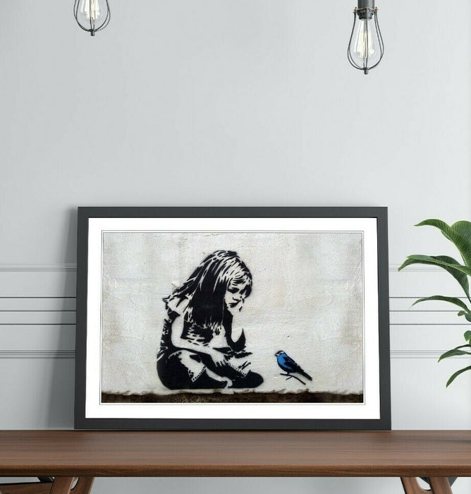 LITTLE GIRL BLUE BIRD FRAMED STREET ART POSTER PICTURE PRINT 4 SIZE BANKSY STYLE