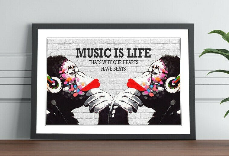MONKEY DJ BANKSY STYLE MUSIC IS LIFE STREET FRAMED ART PRINT ARTWORK 4 SIZES FF