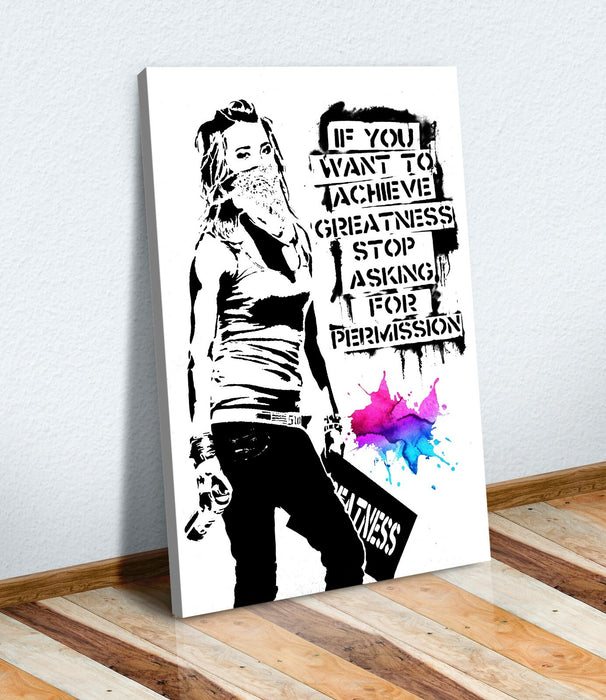 BANKSY STYLE CANVAS STREET WALL ART PRINT ARTWORK VARNISHED ACHIEVE GREATNESS