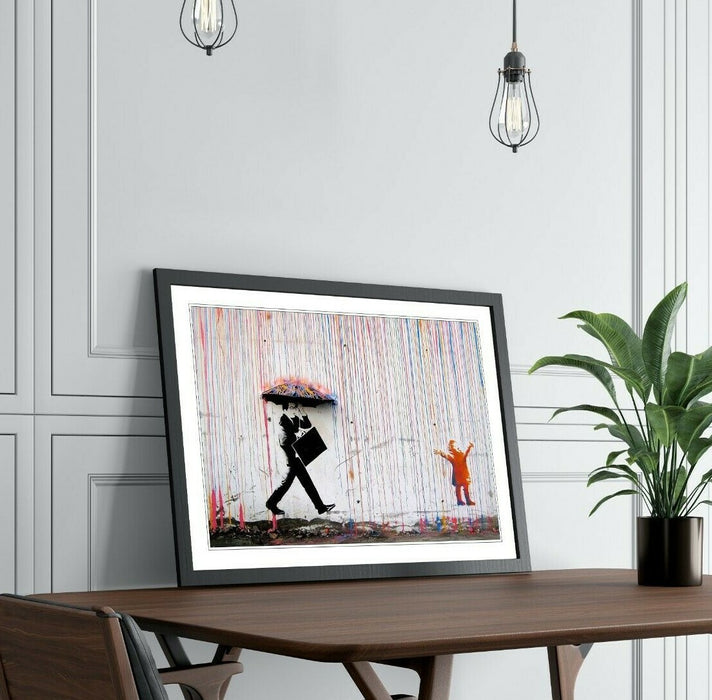 COLOURED RAIN STREET ART FRAMED POSTER PICTURE PRINT ARTWORK 4 size BANKSY