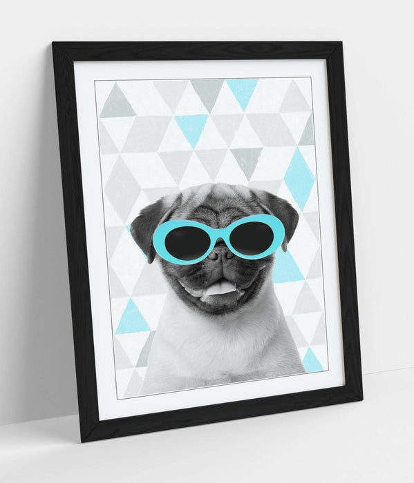 PUG SUNGLASSES TURQUOISE GREY GEOMETRIC -ART FRAMED POSTER PICTURE PRINT ARTWORK