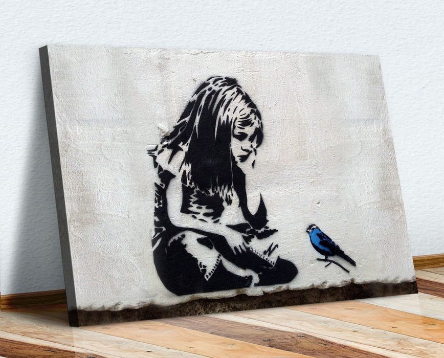GIRL BLUE BIRD FRAMED CANVAS WALL ART PRINT ARTWORK GRAFFITI BANKSY STYLE