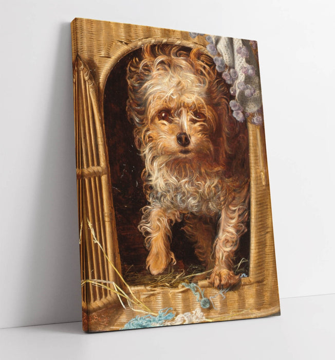 FREDERICK SANDYS, DARBY IN HIS BASKET KENNEL -CANVAS WALL ARTWORK PICTURE PRINT