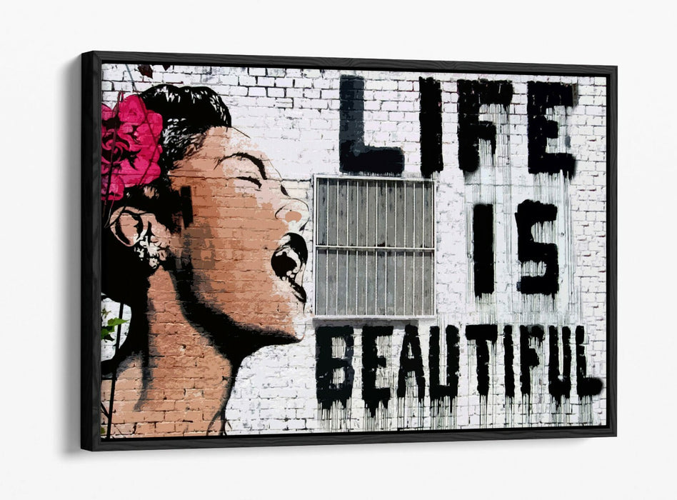 BANKSY LIFE IS BEAUTIFUL -FLOAT EFFECT CANVAS WALL ART PIC PRINT- PINK BLACK