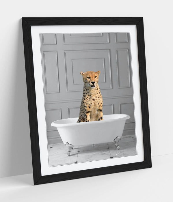 CHEETAH IN BATHTUB -QUIRKY ART FRAMED POSTER PICTURE PRINT BATHROOM ARTWORK