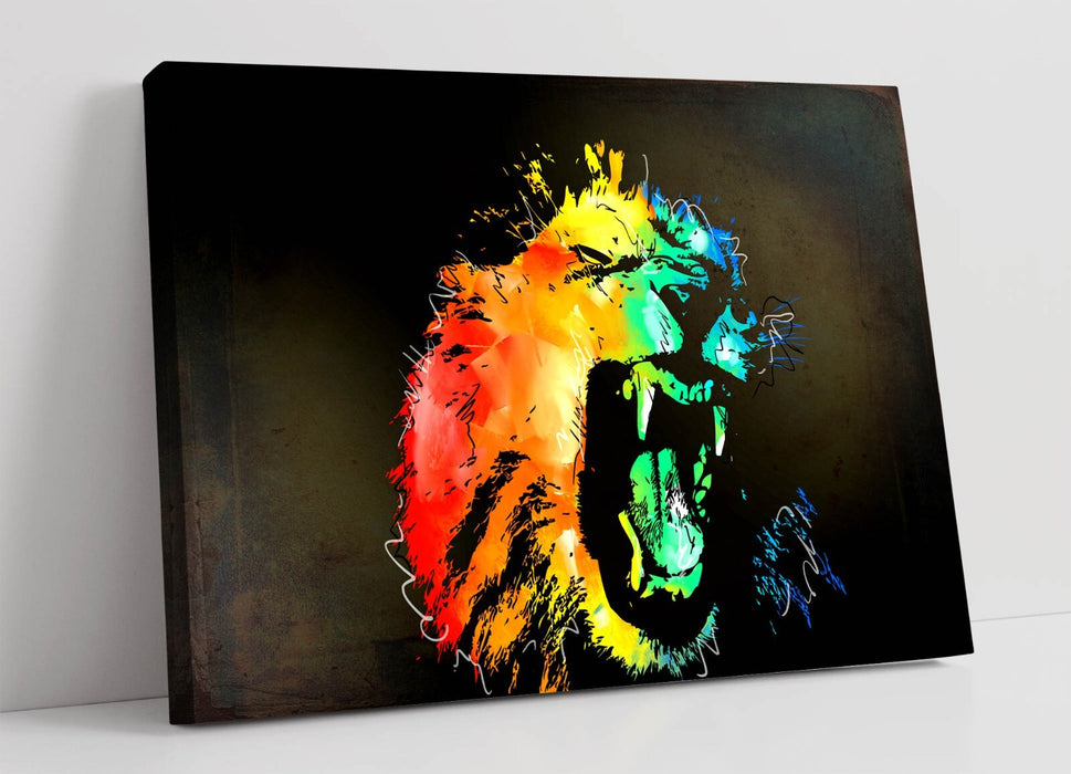MULTI COLOUR LION SKETCH BLACK BACKGROUND -CANVAS FRAMED WALL ART PIC PRINT