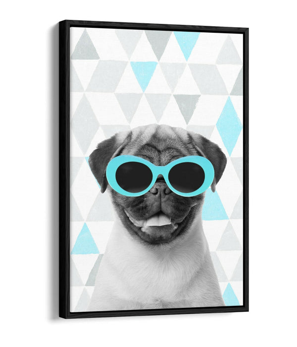 PUG SUNGLASSES TURQUOISE GREY GEOMETRIC -FLOAT EFFECT CANVAS WALL ART PIC PRINT
