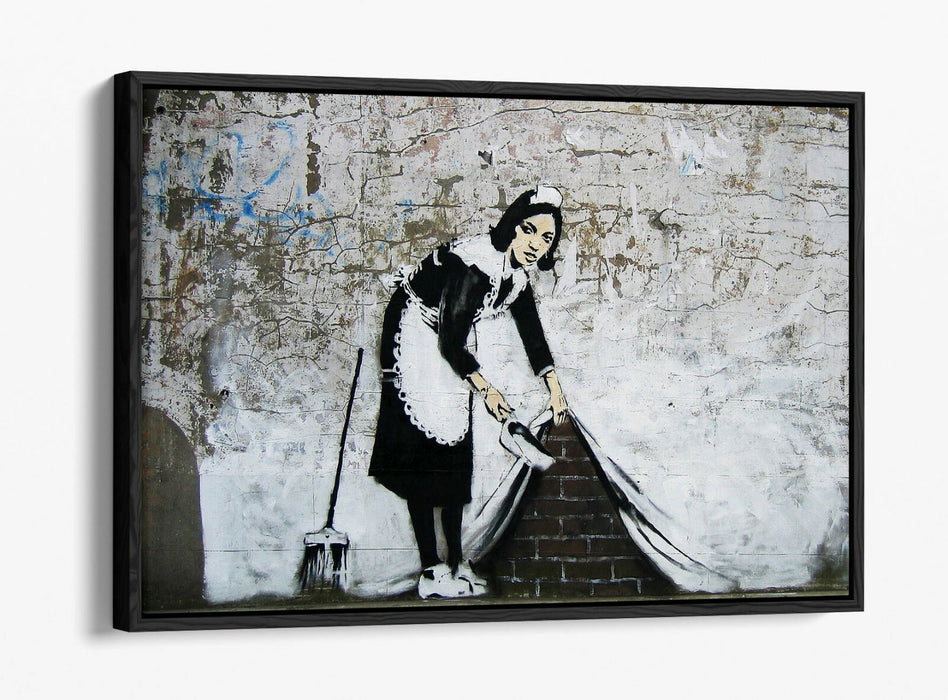 BANKSY SWEEPER -FLOAT EFFECT CANVAS WALL ART PIC PRINT- BLACK WHITE