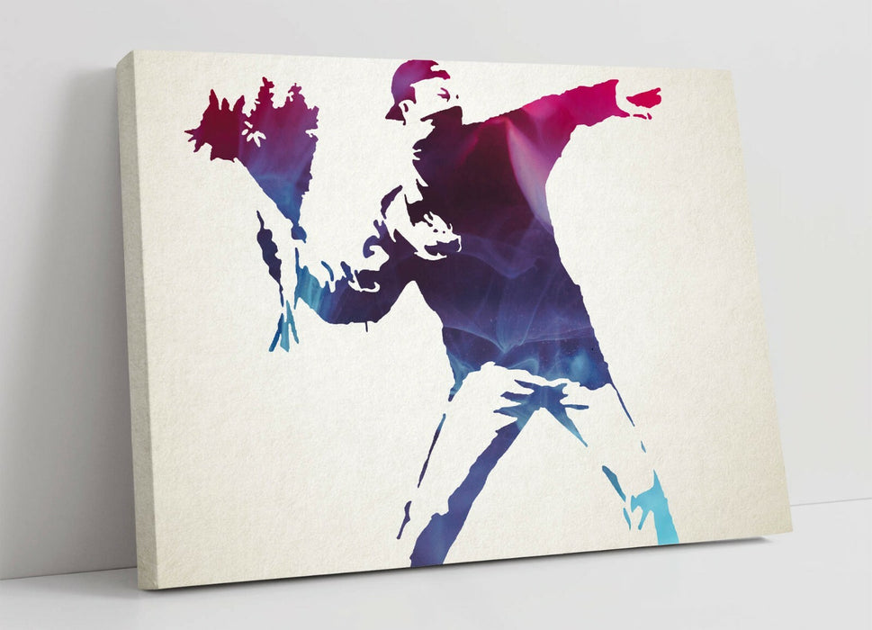 BANKSY, FLOWER THROWER PURPLE BLUE -CANVAS WALL ART PRINT ARTWORK FRAMED