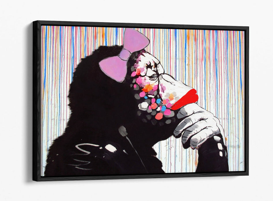 BANKSY DJ MONKEY RAIN FEMALE -FLOAT EFFECT CANVAS WALL ART PIC PRINT- WHITE