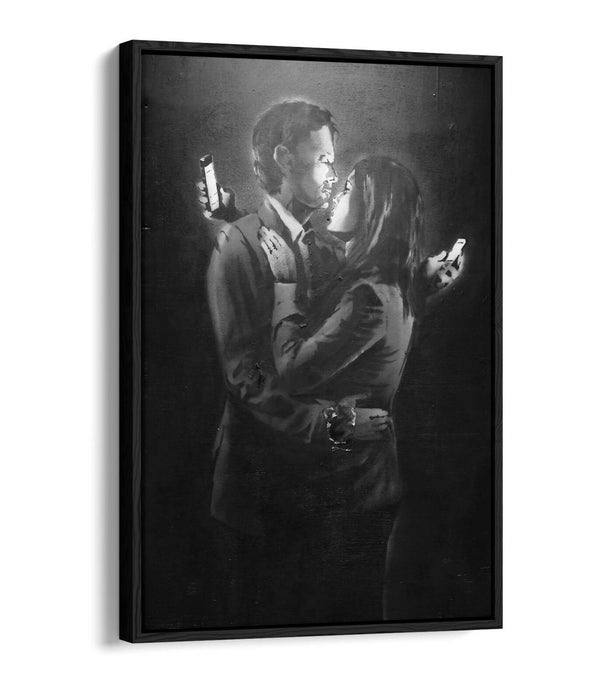 BANKSY MOBILE LOVERS -FLOAT EFFECT CANVAS WALL ART PIC PRINT- BLACK & WHITE