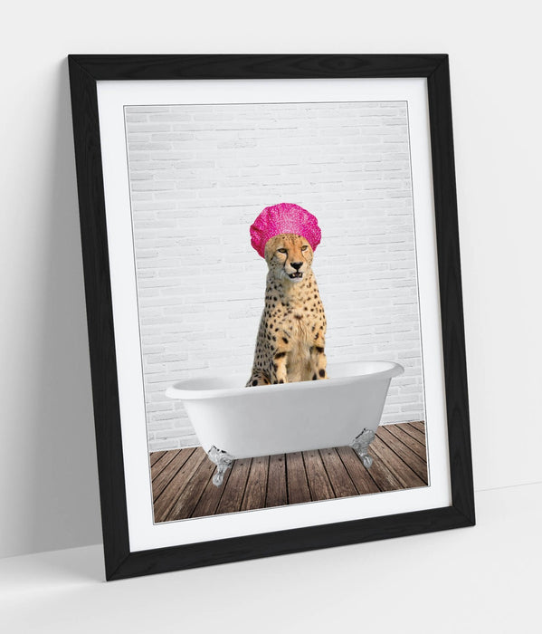 FUNNY CHEETAH IN BATHTUB -ART FRAMED POSTER PICTURE PRINT BATHROOM ARTWORK