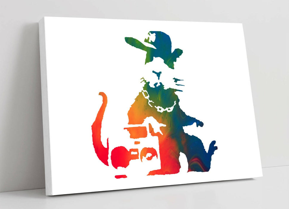 BANKSY, GANGSTA RAT RAINBOW ART EFFECT -CANVAS WALL ART PRINT ARTWORK FRAMED