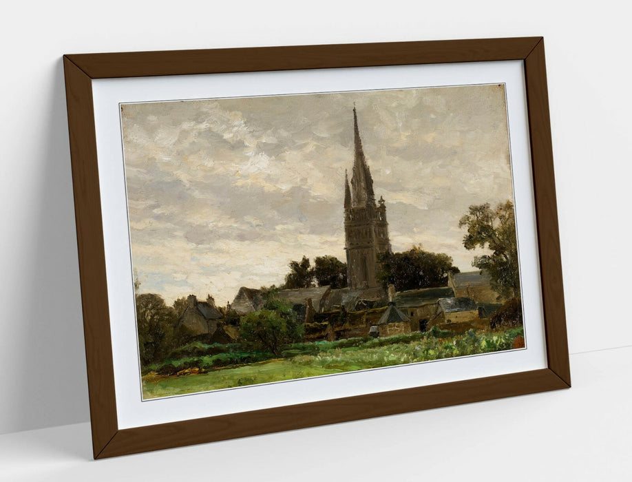Framed Art Print - Church Tower Artwork With Wood Grain Frame | Handmade UK Art