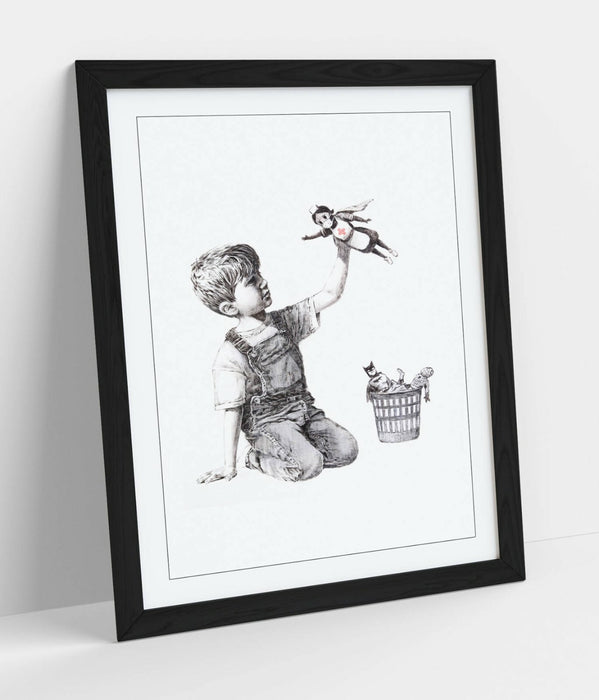 BANKSY SUPER HERO NURSE -ART FRAMED POSTER PICTURE PRINT ARTWORK- GREY