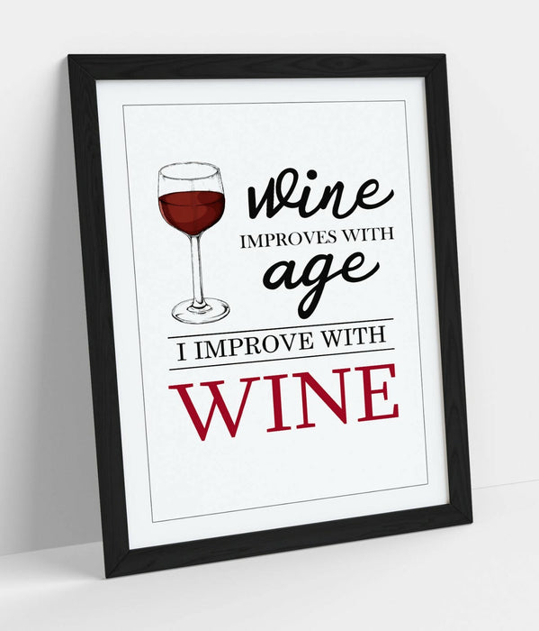 "I IMPROVE WITH WINE" HOME QUOTE SLOGAN -FRAMED WALL ART PICTURE PRINT