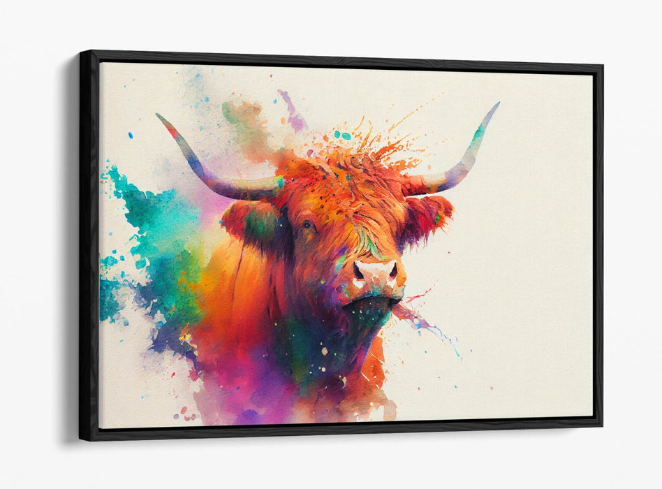 COLOURFUL HIGHLAND COW WATERCOLOUR SPLASH FLOAT EFFECT CANVAS ART PIC PRINT