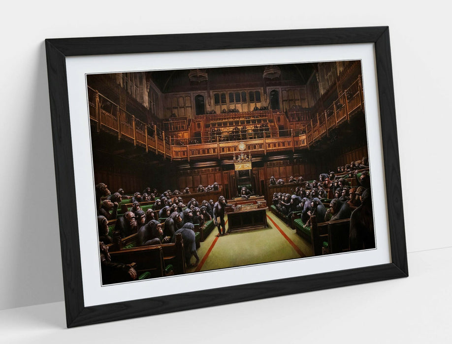 BANKSY, MONKEY PARLIAMENT BROWN SEPIA TONES -FRAMED WALL ART PICTURE PRINT