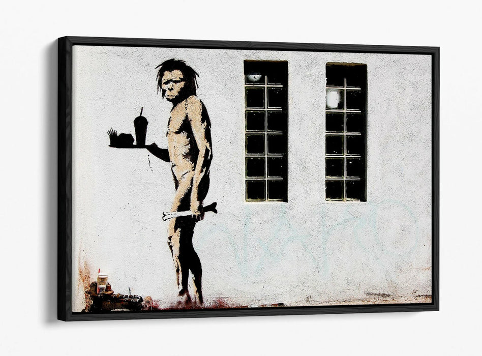 BANKSY FAST FOOD CAVEMAN -FLOAT EFFECT CANVAS WALL ART PIC PRINT- GREY BLACK