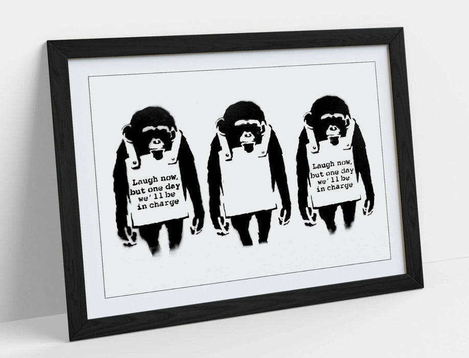 BANKSY LAUGH NOW MONKEYS -FRAMED POSTER WALL ART PRINT ARTWORK- BLACK & WHITE