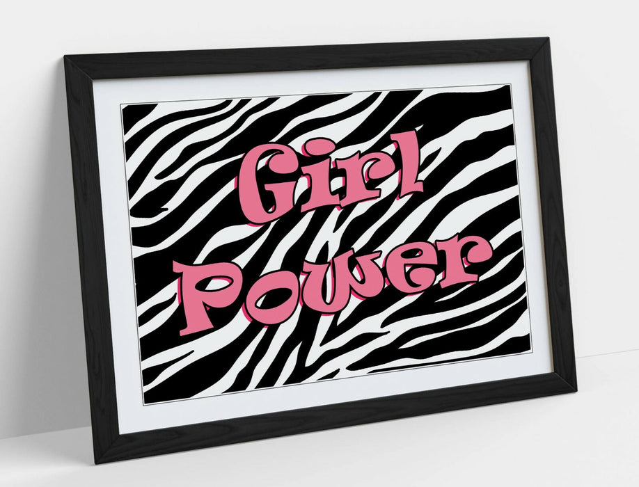 "GIRL POWER" FUNKY Y2K FEMINIST QUOTE ZEBRA -FRAMED WALL ART PICTURE PRINT- PINK