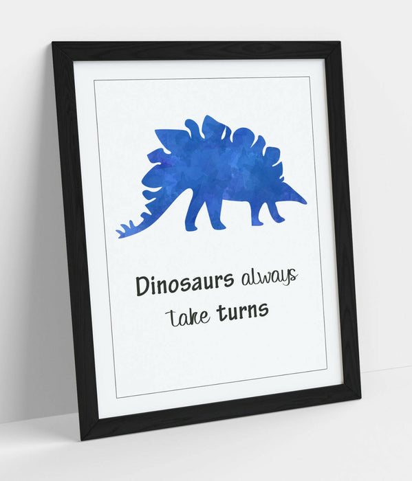 "DINOSAURS ALWAYS TAKE TURNS" WATERCOLOUR NURSERY -FRAMED WALL ART PICTURE PRINT