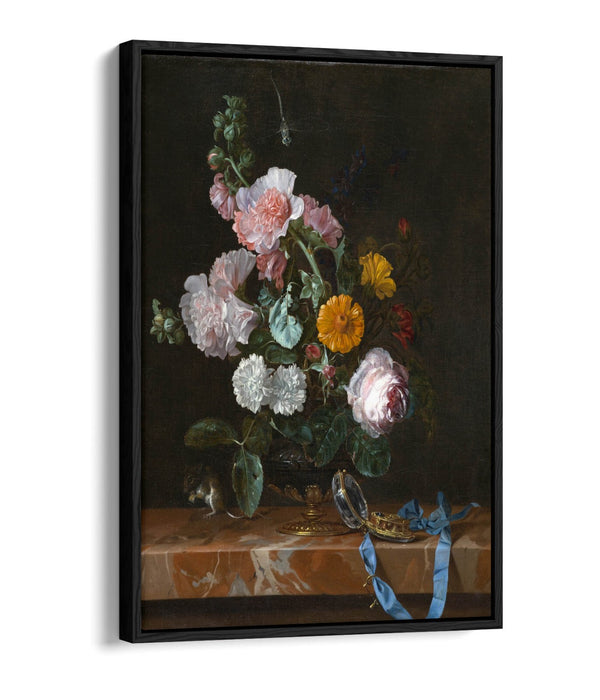 WILLEM VAN AELST, VANITAS FLOWER STILL LIFE -FLOAT EFFECT CANVAS WALL ART PRINT