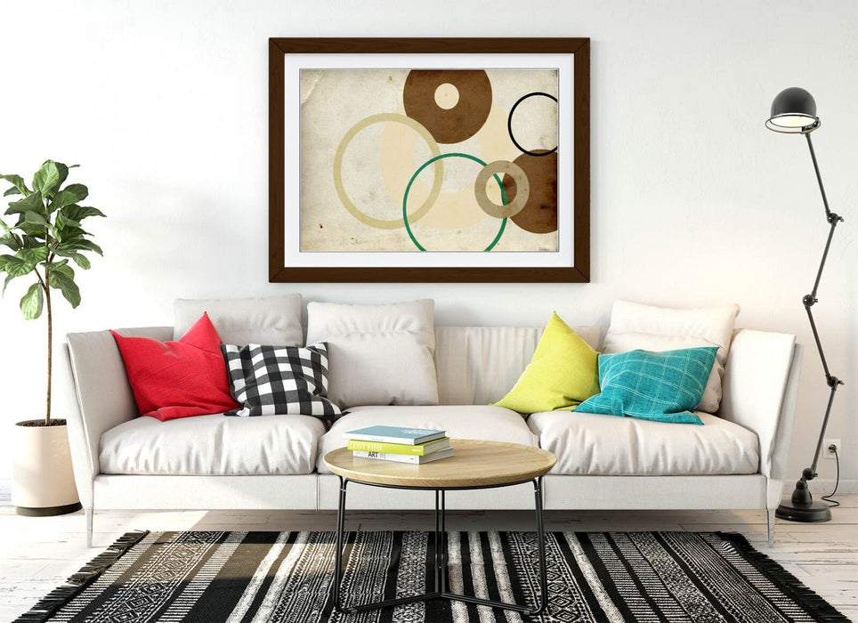 Abstract Framed Poster - Brown Abstract Shapes Bedroom Wall Art with Woodgrain Frame