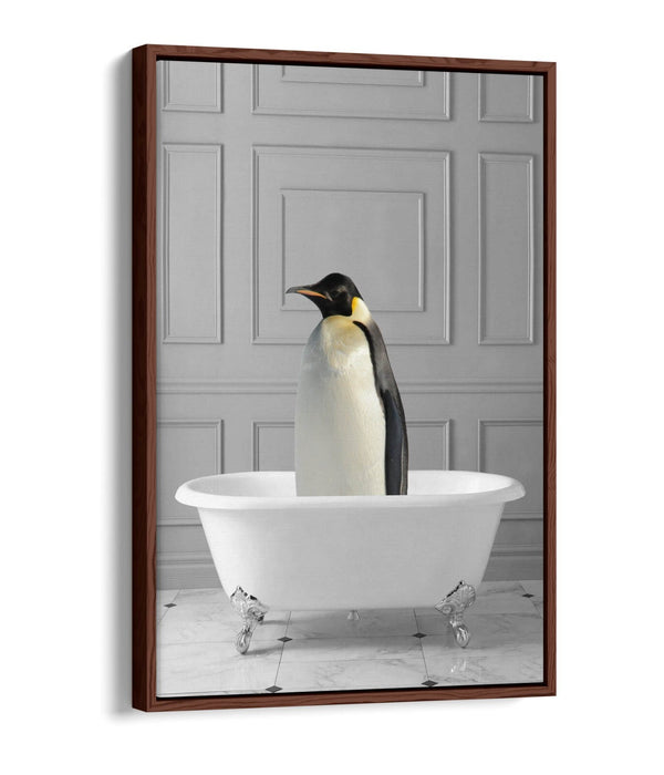 PENGUIN IN BATHTUB -QUIRKY BATHROOM FLOAT EFFECT CANVAS WALL ART PRINT