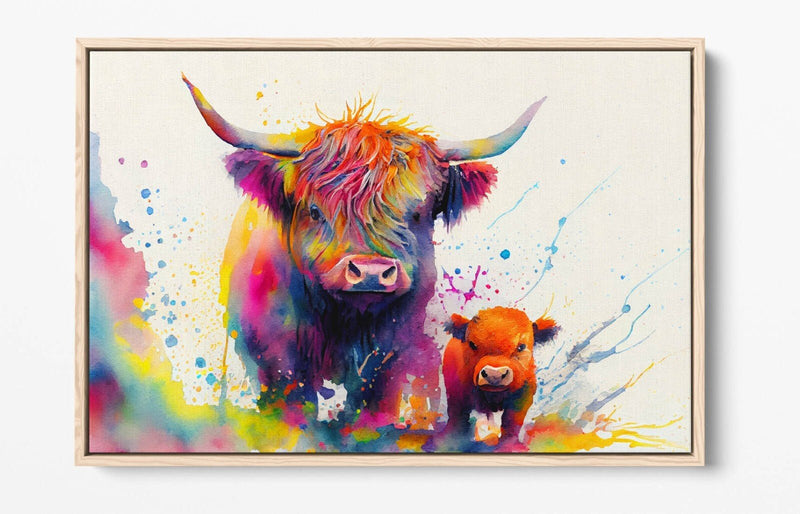 Highland Cows Canvas – Colorful Animal Print Float Effect Canvas Wall Art