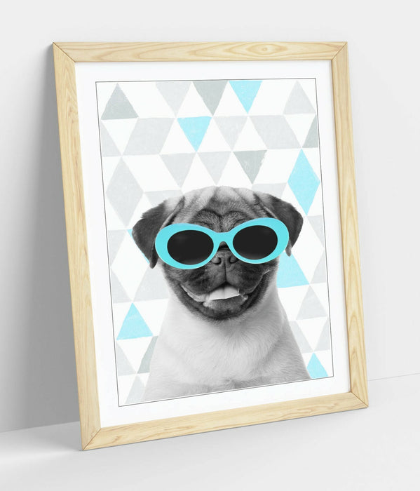 PUG SUNGLASSES TURQUOISE GREY GEOMETRIC -ART FRAMED POSTER PICTURE PRINT ARTWORK
