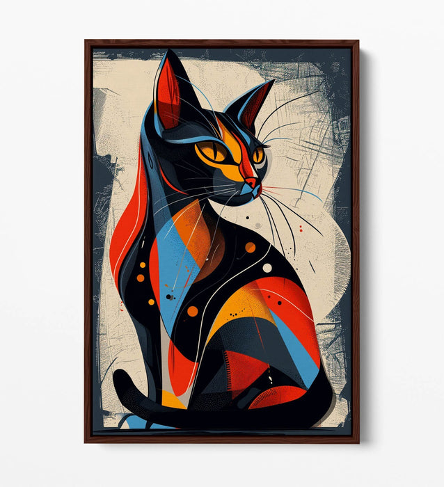 Float Effect Canvas Art - Blue Red Abstract Cat Print | Premium Varnish Finish