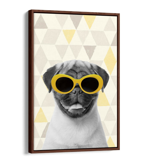 PUG SUNGLASSES YELLOW GREY -FLOAT EFFECT CANVAS WALL ART PIC PRINT- WHITE