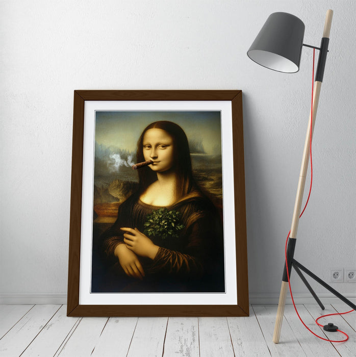 Framed Wall Art - Mona Lisa Smoking Cigar Funny Portrait Print With Woodgrain Frame