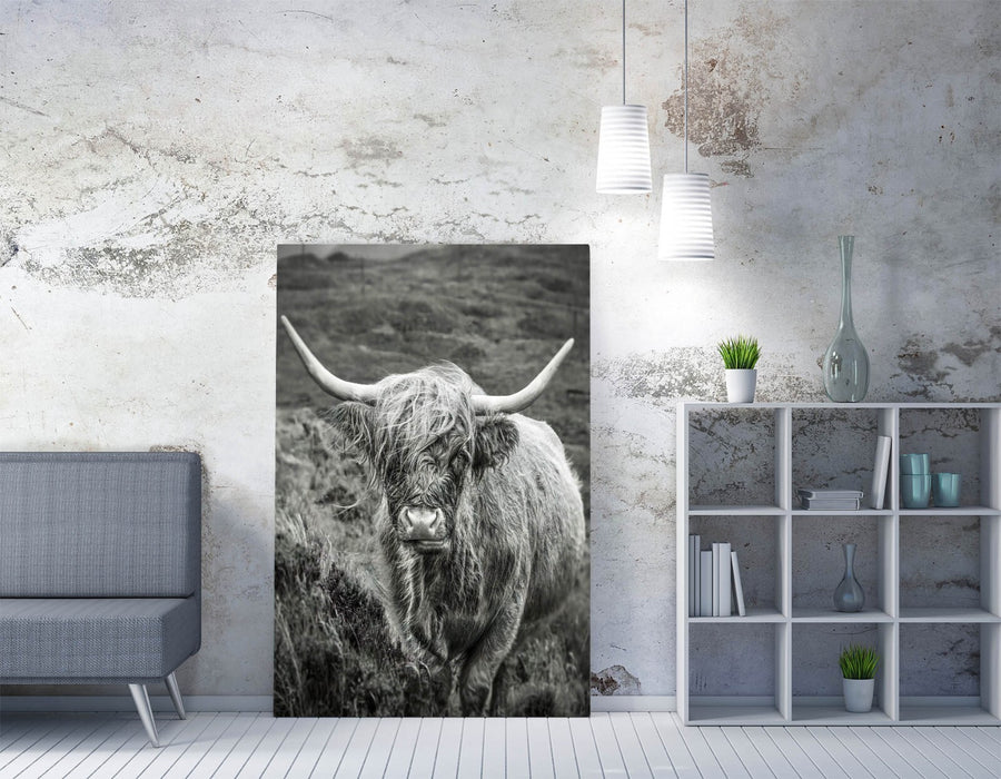 Highland Cow Canvas - Black and White Wall Art | Rustic Bedroom Decor Print