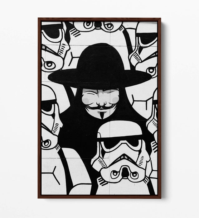 GUY FAWKES STORMTROOPERS GRAFFITI -FLOAT EFFECT CANVAS WALL ART PIC PRINT- BLACK