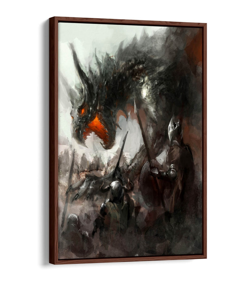 Canvas Wall Art – Watercolour Dragon & Knights Float Effect Print with Premium Frame
