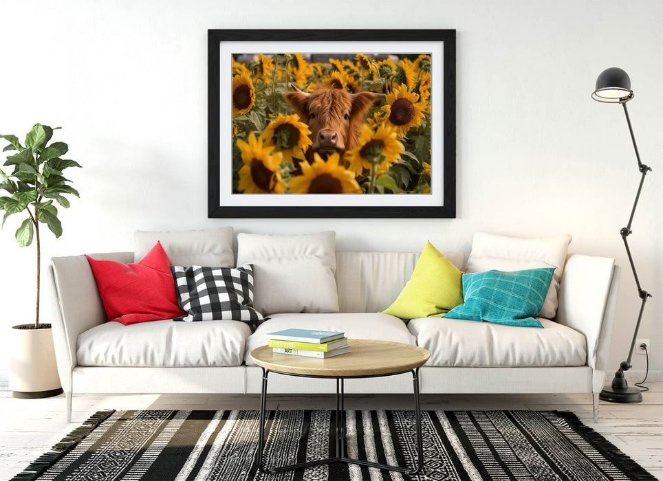Highland Cow Wall Art – Framed Sunflower Field Poster | Rustic Farmhouse Decor